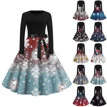 Женская мода с круглым вырезом, повседневные тонкие рождественские платья с длинным рукавом и принтом XXXXL