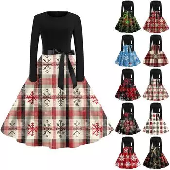 Женская мода с круглым вырезом, повседневные тонкие рождественские платья с длинным рукавом и принтом M красный