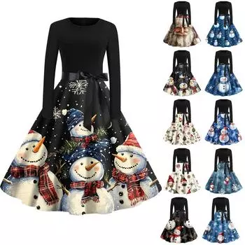 Женская мода с круглым вырезом, повседневные тонкие рождественские платья с длинным рукавом и принтом L