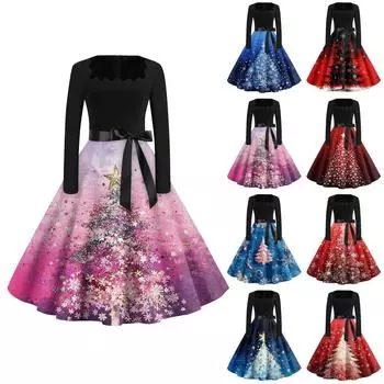 Женская мода с круглым вырезом, повседневные тонкие рождественские платья с длинным рукавом и принтом XL