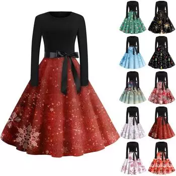 Женская мода с круглым вырезом, повседневные тонкие рождественские платья с длинным рукавом и принтом XL винный