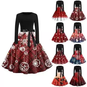Женская мода с круглым вырезом, повседневные тонкие рождественские платья с длинным рукавом и принтом XXXXXL