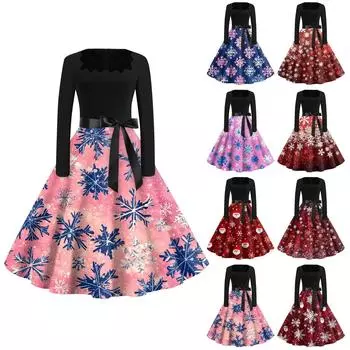 Женская мода с круглым вырезом, повседневные тонкие рождественские платья с длинным рукавом и принтом XXXXL киноварь