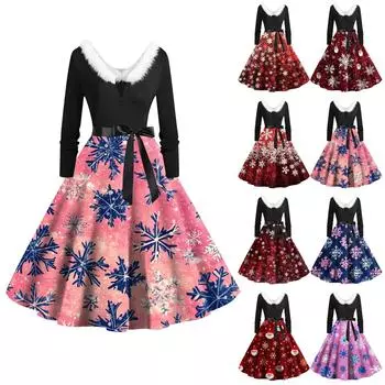 Женская мода с круглым вырезом, повседневные тонкие рождественские платья с длинным рукавом и принтом L