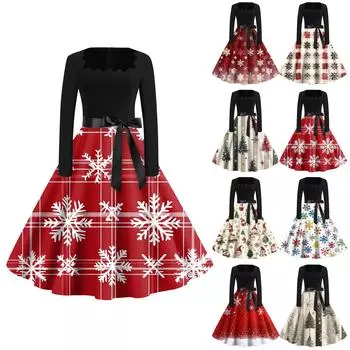 Женская мода с круглым вырезом, повседневные тонкие рождественские платья с длинным рукавом и принтом L