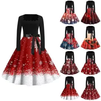 Женская мода с круглым вырезом, повседневные тонкие рождественские платья с длинным рукавом и принтом XL винный
