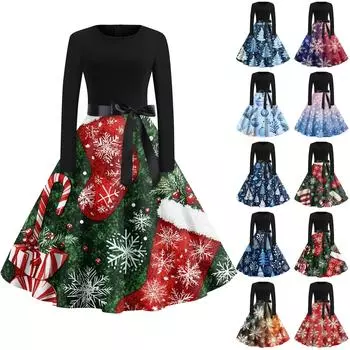 Женская мода с круглым вырезом, повседневные тонкие рождественские платья с длинным рукавом и принтом XXXL синий