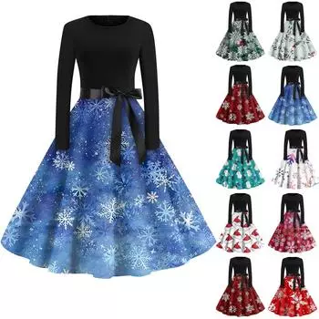 Женская мода с круглым вырезом, повседневные тонкие рождественские платья с длинным рукавом и принтом S