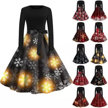 Женская мода с круглым вырезом, повседневные тонкие рождественские платья с длинным рукавом и принтом L