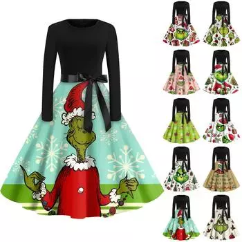 Женская мода с круглым вырезом, повседневные тонкие рождественские платья с длинным рукавом и принтом XXXXL бежевый