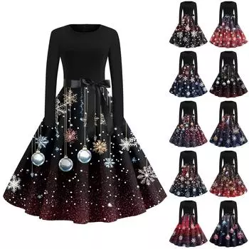 Женская мода с круглым вырезом, повседневные тонкие рождественские платья с длинным рукавом и принтом L синий