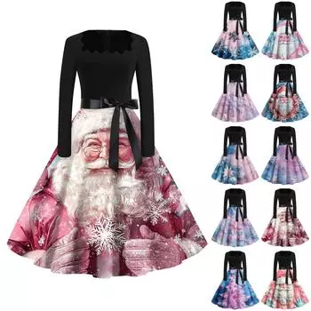 Женская мода с круглым вырезом, повседневные тонкие рождественские платья с длинным рукавом и принтом S