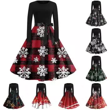 Женская мода с круглым вырезом, повседневные тонкие рождественские платья с длинным рукавом и принтом S