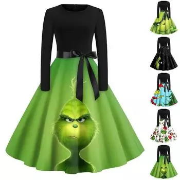 Женская мода с круглым вырезом, повседневные тонкие рождественские платья с длинным рукавом и принтом XXL чёрный