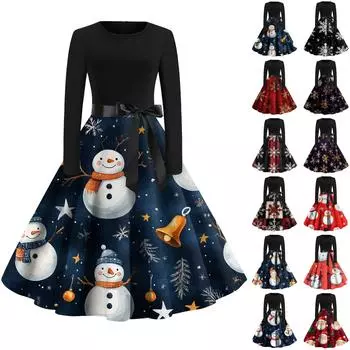 Женская мода с круглым вырезом, повседневные тонкие рождественские платья с длинным рукавом и принтом L чёрный