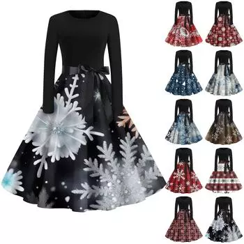 Женская мода с круглым вырезом, повседневные тонкие рождественские платья с длинным рукавом и принтом XL красный