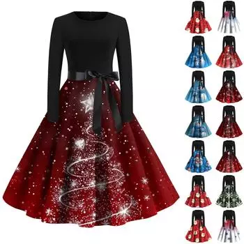 Женская мода с круглым вырезом, повседневные тонкие рождественские платья с длинным рукавом и принтом L армия зеленый