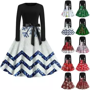 Женская мода с круглым вырезом, повседневные тонкие рождественские платья с длинным рукавом и принтом XL