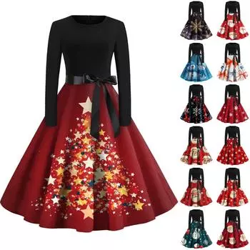 Женская мода с круглым вырезом, повседневные тонкие рождественские платья с длинным рукавом и принтом L