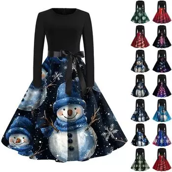 Женская мода с круглым вырезом, повседневные тонкие рождественские платья с длинным рукавом и принтом M