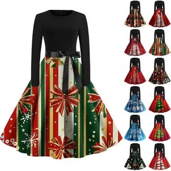 Женская мода с круглым вырезом, повседневные тонкие рождественские платья с длинным рукавом и принтом XXL