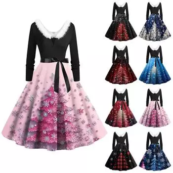 Женская мода с круглым вырезом, повседневные тонкие рождественские платья с длинным рукавом и принтом S