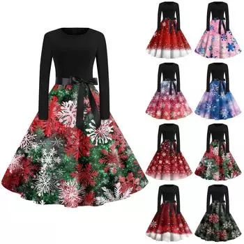 Женская мода с круглым вырезом, повседневные тонкие рождественские платья с длинным рукавом и принтом M