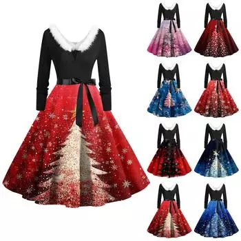 Женская мода с круглым вырезом, повседневные тонкие рождественские платья с длинным рукавом и принтом XXXL