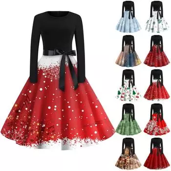 Женская мода с круглым вырезом, повседневные тонкие рождественские платья с длинным рукавом и принтом XL красный
