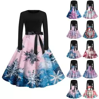 Женская мода с круглым вырезом, повседневные тонкие рождественские платья с длинным рукавом и принтом XXL синий