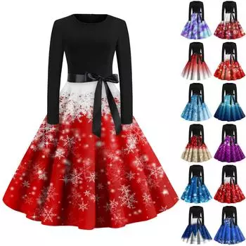 Женская мода с круглым вырезом, повседневные тонкие рождественские платья с длинным рукавом и принтом L