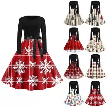 Женская мода с круглым вырезом, повседневные тонкие рождественские платья с длинным рукавом и принтом XXXXL бежевый