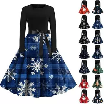 Женская мода с круглым вырезом, повседневные тонкие рождественские платья с длинным рукавом и принтом L армия зеленый