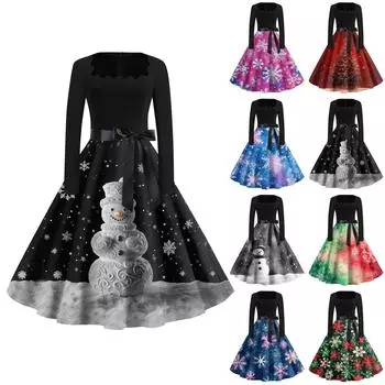 Женская мода с круглым вырезом, повседневные тонкие рождественские платья с длинным рукавом и принтом L