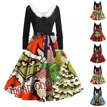 Женская мода с круглым вырезом, повседневные тонкие рождественские платья с длинным рукавом и принтом XXL синий