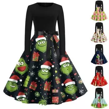 Женская мода с круглым вырезом, повседневные тонкие рождественские платья с длинным рукавом и принтом L красный