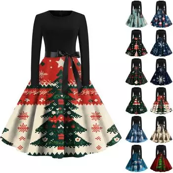 Женская мода с круглым вырезом, повседневные тонкие рождественские платья с длинным рукавом и принтом XXXXXL