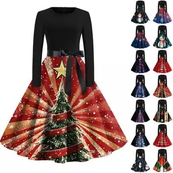 Женская мода с круглым вырезом, повседневные тонкие рождественские платья с длинным рукавом и принтом M