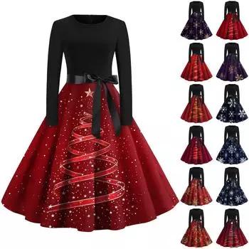 Женская мода с круглым вырезом, повседневные тонкие рождественские платья с длинным рукавом и принтом XXXXXL