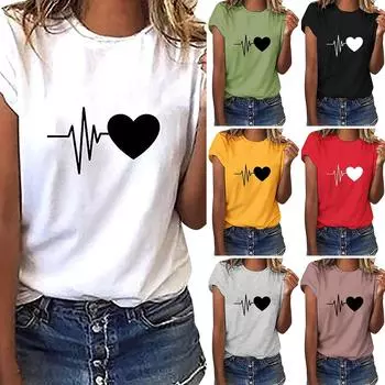 Женская мода с круглым вырезом, пуловер с коротким рукавом, повседневная футболка с принтом любви, топ XXXL серый