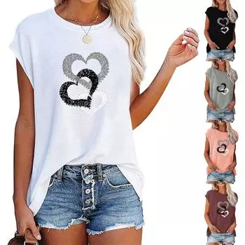 Женская мода с круглым вырезом, свободная футболка без бретелек с принтом и коротким рукавом L чёрный