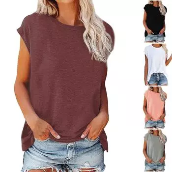 Женская мода с круглым вырезом, свободная однотонная футболка с открытыми плечами и коротким рукавом L чёрный