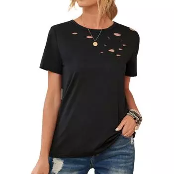 Женская мода с круглым вырезом, свободная повседневная однотонная футболка с коротким рукавом и сломанным отверстием L чёрный