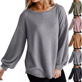 Женская мода с круглым вырезом, свободный повседневный однотонный пуловер с длинным рукавом, топ L армия зеленый