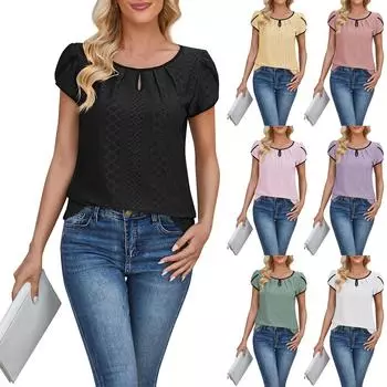 Женская мода с круглым вырезом, вставками на рукавах-лепестках, однотонным топом с короткими рукавами L чёрный