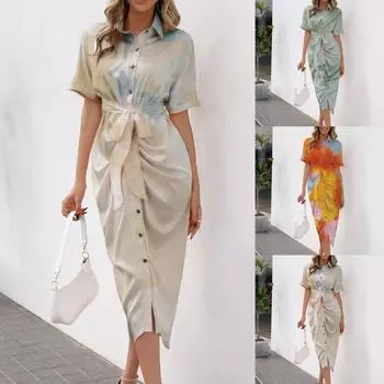 Женская мода с кружевным принтом и пуговицами, сексуальная рубашка, длинная юбка, платье с коротким рукавом L серый