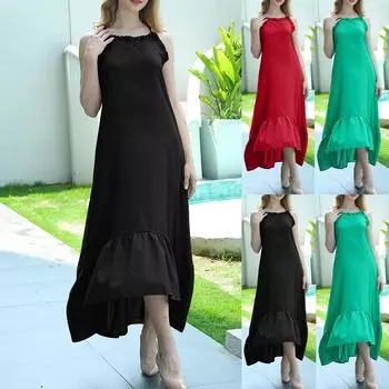 Женская мода с кружевным вырезом и сплошным цветом, повседневные свободные длинные платья L чёрный