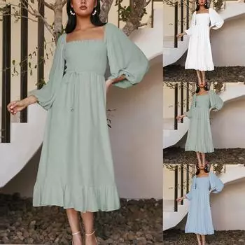 Женская мода с квадратным вырезом, А-образная юбка, юбка с рукавами, однотонное платье XL зелёный