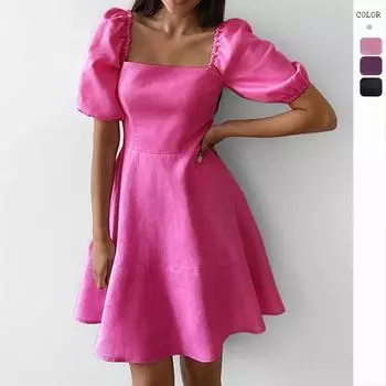 Женская мода с квадратным вырезом, коротким рукавом и высокой талией, тонкое платье, юбка, повседневные платья S