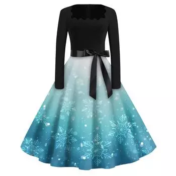 Женская мода с квадратным вырезом, повседневные тонкие рождественские платья с длинным рукавом и принтом L